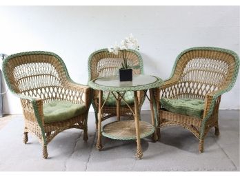 Vintage Edge Painted Wicker Veranda Set - Table With Glass Layover, Rocking Chair, And Two Arm Chairs