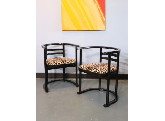 A Pair Of Exotic Double Half-Moon Top Rail And Base Dining Chairs -animal Print Seat