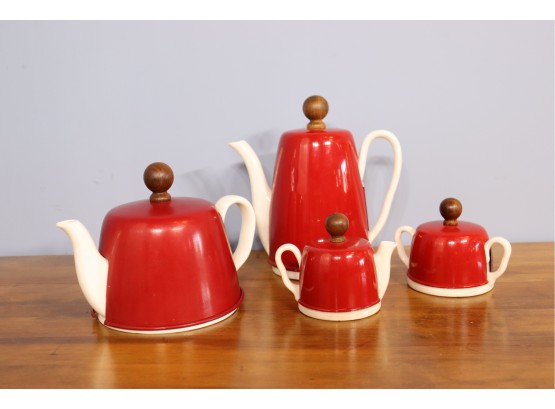 Red And White! Porcelain, Enameled Metal, And Wood! Salam Style Teapot And Coffee And  Sugar And Creamer Set