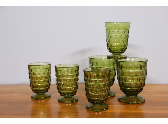 Stacked Diamond Band Pattern Celadon Goblet Punch And Cocktail Glasses - 2 4.5' Tall And 4 4'Tall
