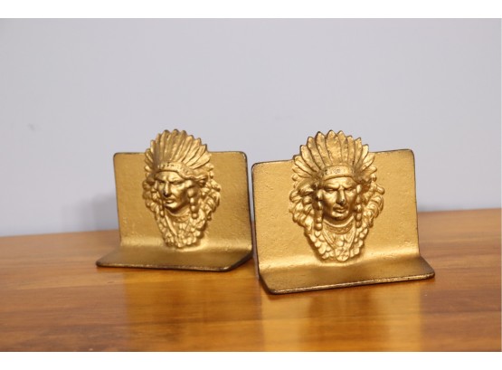 Vintage Gold Painted Metal Book Ends - Honoring First Nations Leader In Headdress