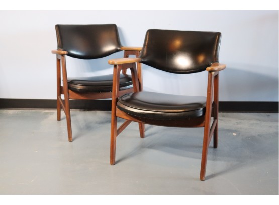 Pair Of Vintage Leather And Teak Armchairs