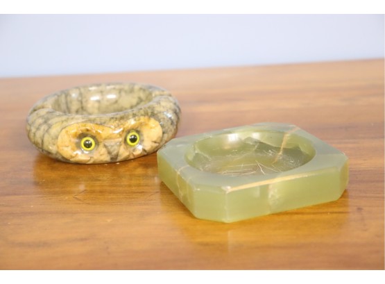 Italian Alabaster Owl Ashtray And Veined Sileneum Octagon Trinket Dish Change Vessel