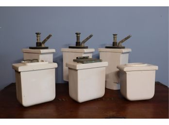 Set Of Six (6) Soda Shop Vintage Oval Top Pump Syrup Dispenser-porcelain Canister