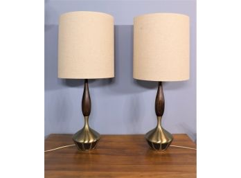 Pair Of Mid Century Brass & Walnut Lamps