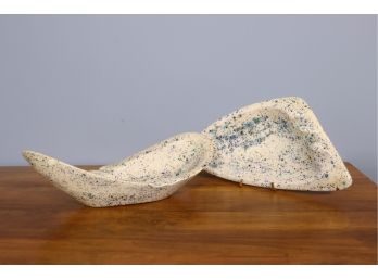 Blue Speckle Redux: Ami Signed Organic, Freeform Ceramic Ash Trays - Stylized Oval And Triangle