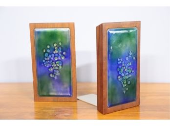 Dreamy Blue/green Glaze Ceramic Tile And Walnut Bookends By Bovano Of Chester (CT)