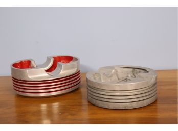 Great Pair F Vintage Cut Finned Piston Cigar Ash Tray - Larger On Is Accented In Red, Smaller Is Unpainted