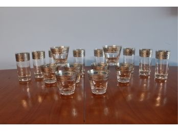 Raising The MCM Bar! - 16 Gorgeous Culver Glasses - 8 Highball, 6 Old Fashioned - Gold/Blue Overlay Filigree