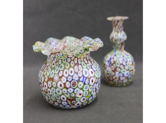 Two Millefiori Venetian Style Flower Mosaic Glass Vases - Wide Round And Narrow Genie