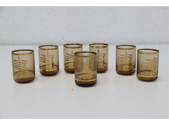 Group Of Seven Vintage Juice/whiskey Glasses - Double Gold Band And Organic Abstract Gold Emboss