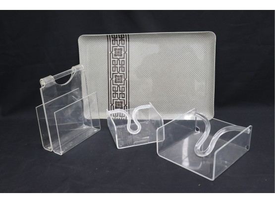 Group Of Lucite Holders And A Decorated Plastic Tray