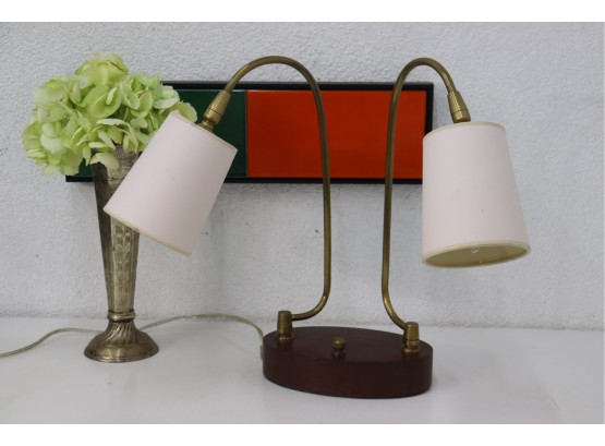 MCM Style Wood And Brass Double Swan Neck Table Lamp