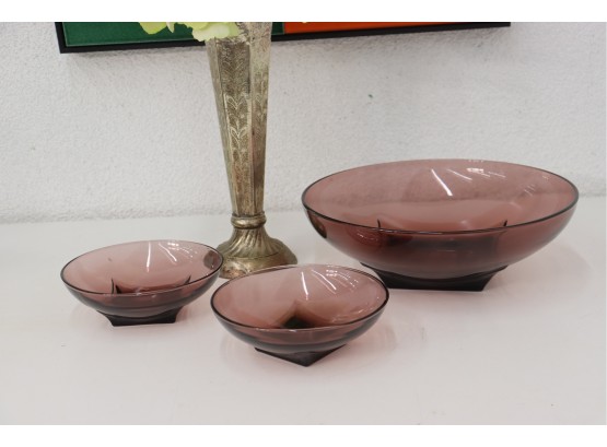 Pale Magenta Mulberry Glass Bowls - Square Pedestal To Round Rim - 1 Large 2 Small