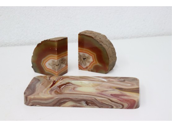 Polished Agate Crystal Geode Slice Bookends And A Polished Agate Desk Tray