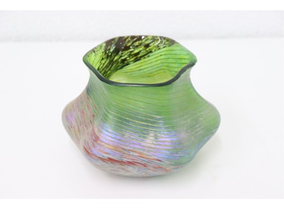 Polychrome Iridescent Ribbed Art Glass Vase