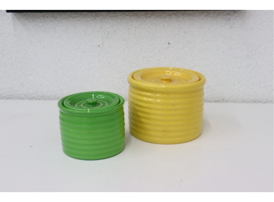 Two Coil Cylinder Lidded Canisters Bauer Los Angeles Pottery - Large In Yellow, Medium In Green