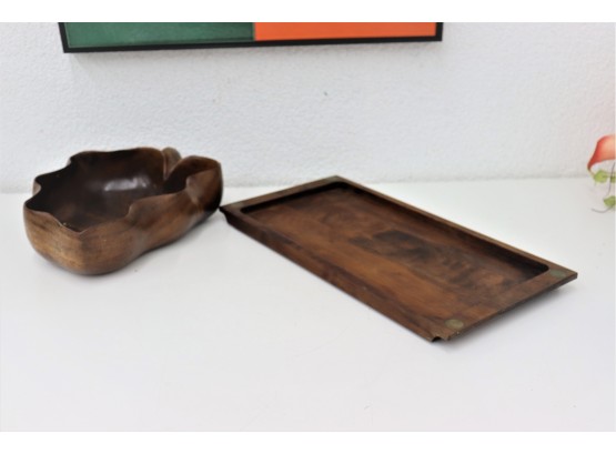 Vintage Wood: Carved Wavy Leaf Bowl And Wood Stave Tray With Brass Corner Medallions