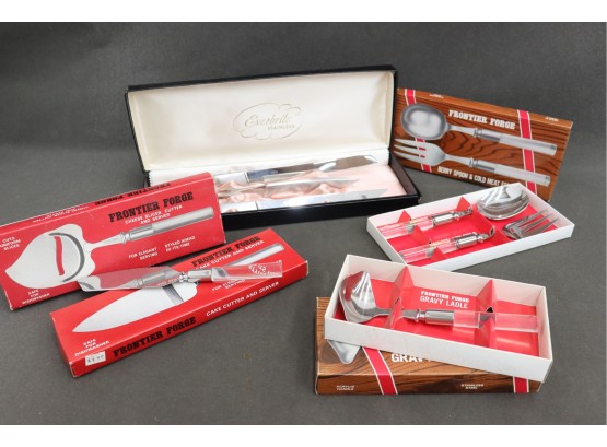 Four Vintage  Assorted Frontier Forge Stainless & Acrylic Server(s) And Everbrite Stainless Meat Carving Set