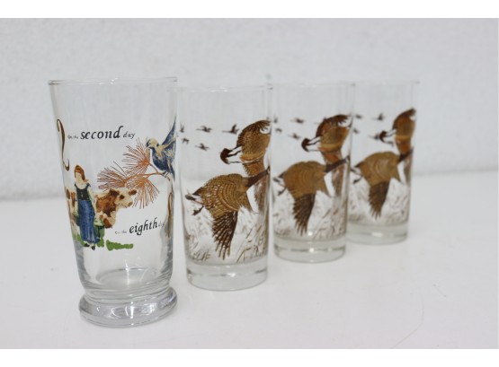 Mixed Group Lot Of High Ball Glasses - 3 Birds In Flight And 1 Twelve Days Xmas
