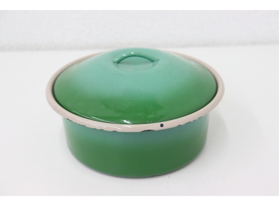 Vintage Avocado Enameled Metal Lidded Casserole/Pot   (showing Age, Some Chipping/wear To Rims)