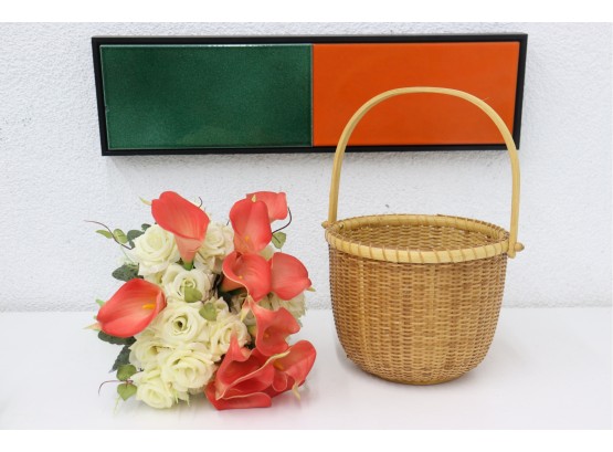 Rattan And Bent Bamboo Pail Style Basket