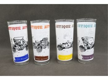 Four Antique Auto High Ball Glasses - Different Colors And Different Autos On Each Glass