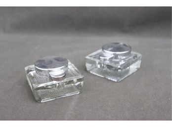 Two Low Crystal Inkwells With Polished Chrome Caps