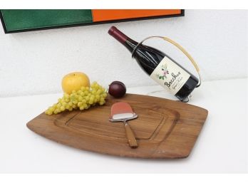 MCM Gladmark Sun Valley Wood Server/Charcuterie Platter, Cheese Slicer, And Sculptural Chrome Wine Caddy