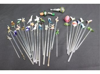 Big Group Lot Of Glass Animal Topped Cocktail Stirrers And Two Glass Topped Bottle Closures