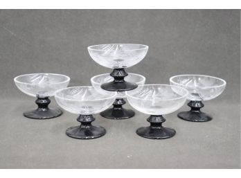 6 Vintage Cut Glass Coupes With Colored Glass Stem And Wide Base
