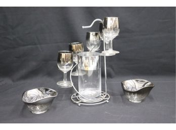 Wine Glasses In Metal Stand And Two Small Bowls