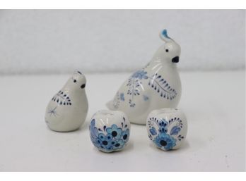 Vintage 1974 White And Blue Painted Pottery Birds And Apples - Two Each - Small Bird Is Missing Top Feather