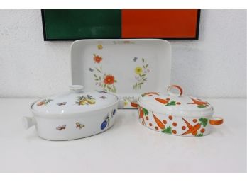 Group Lot Of Oven-to-Table Cookware: 2 Lidded Oval Dutch Ovens And 1 Baking Dish