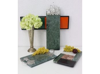 Three Stone Cheese Boards: 2 Green Marble And Cast Metal And 1 Mixed Marble & Slate
