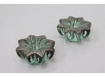 Sea Green And Silver-tone Enamel Starburst Candlestick Holders