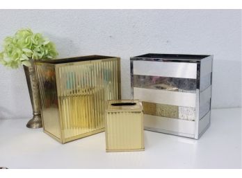Gold Mirrored Wastebasket And Matching Tissue Box Cover With Silver Mirrored Wastebasket
