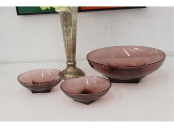 Pale Magenta Mulberry Glass Bowls - Square Pedestal To Round Rim - 1 Large 2 Small