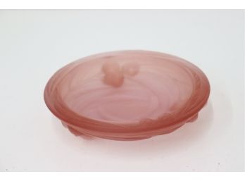 Translucent Glass Low Centerpiece In Peach Pink With Flower Reliefs  - Chip Near On Top Edge