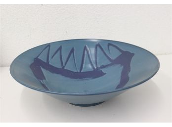 Very Large Bowl - Wide At Top, Narrows To Small Lip Pedestal - Blue On Blue Glazes - Unsigned