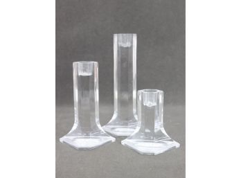 Three Claus Josef Riedel Glass Crystal Candlesticks - Hexagon Over Halved Hex Base Design
