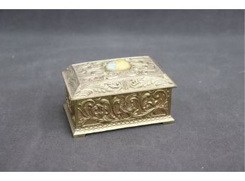 Gold Painted Metal Tiny Treasure Chest - Relief Molding And Opalescent Glass Oval