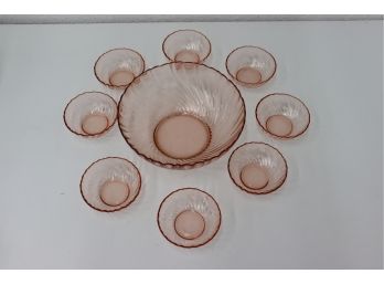 Arcoroc France Fruit/Dessert Bowl Set Of 9 - 1 Large Server And 8 Small Bowls - Swirled Scallop In Pale Pink