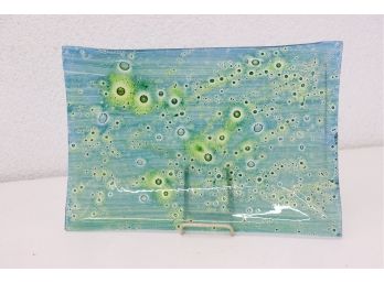 Art Glass Rectangular Tray- Yellow Green Dots On Blue Ground