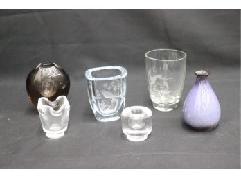 Group Lot Glass, Crystal, Ceramic Bud Vases/Candle Holders Etc - Six Items In Lot