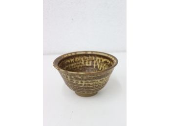 Yellow And Brown Glazed Stoneware Bowl - Mark/Sig On Bottom