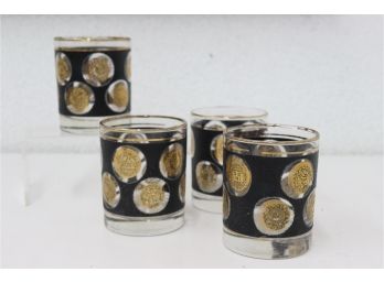 4 Vintage MCM Whiskey Rocks Glasses: Gold Coin And Rim On Black Textured Background By  Libbey