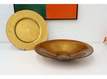 Wide Rust Gold Art Glass Bowl And Saffron Gold Art Glass Platter