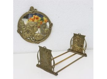 Art Nouveau Style Decorative Hanging Mirror And Folding Bookends On Frame