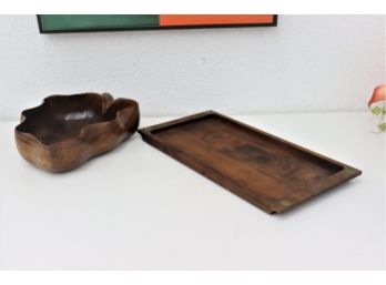 Vintage Wood: Carved Wavy Leaf Bowl And Wood Stave Tray With Brass Corner Medallions